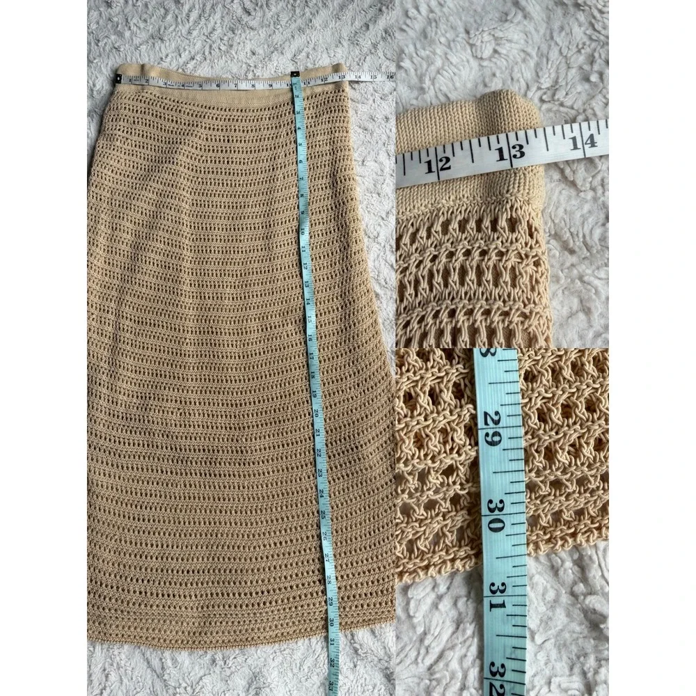 Vince Tan Beige Crochet Open Knit Cotton Blend Midi Skirt Elastic Waist XS S